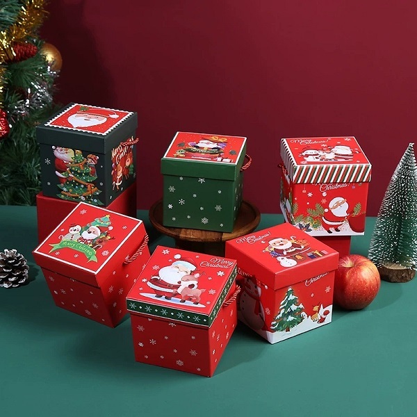 Christmas Rigid Packaging Box With Rope Handle For Apple And Holiday Gifts