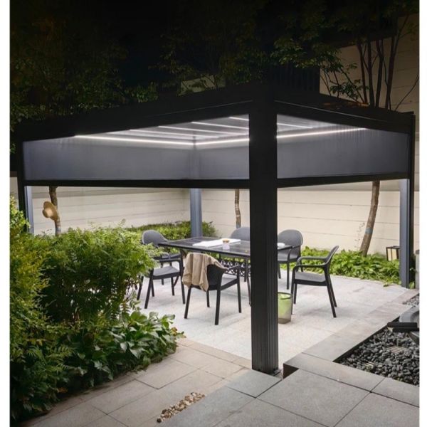 Pergola métallique résistante aux intempéries avec éclairage LED