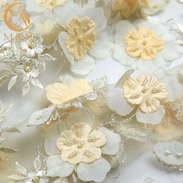 French 3D Flower Lace Fabric Beaded Handmade 1 Yard Pink Lace Cloth