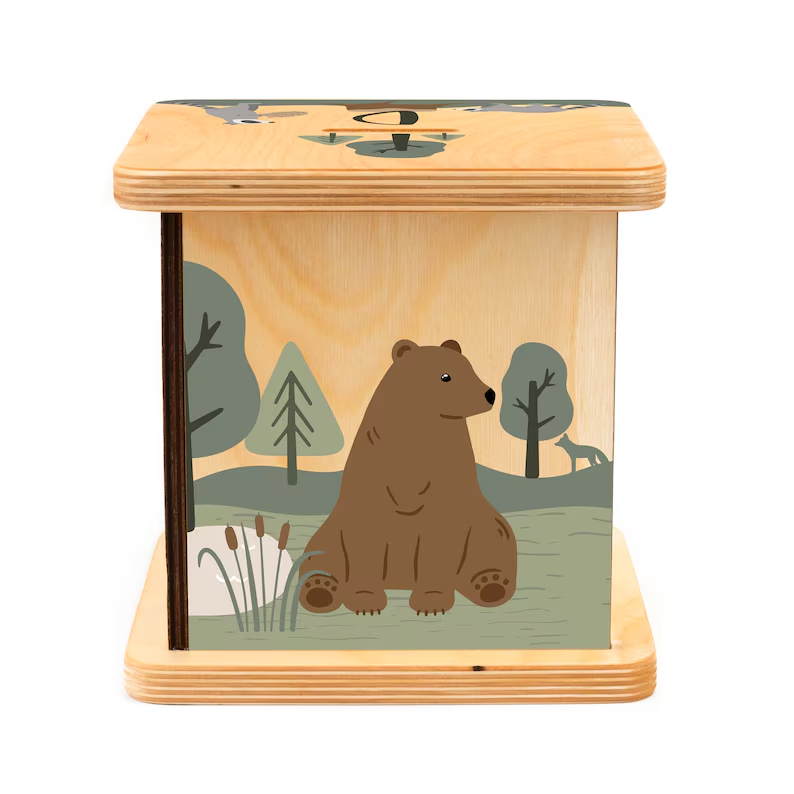 Wooden Piggy Bank in Plain Color with Customizable Woodland Animals Design