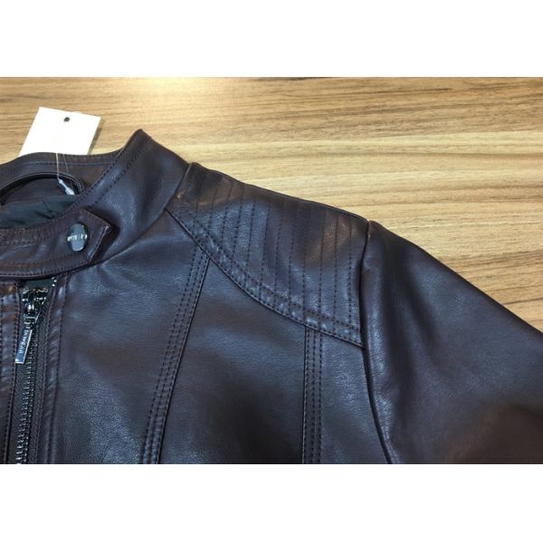 Oxblood Symmetrical Ladies PU Jacket Slim Womens Burgundy Pleather Jacket
