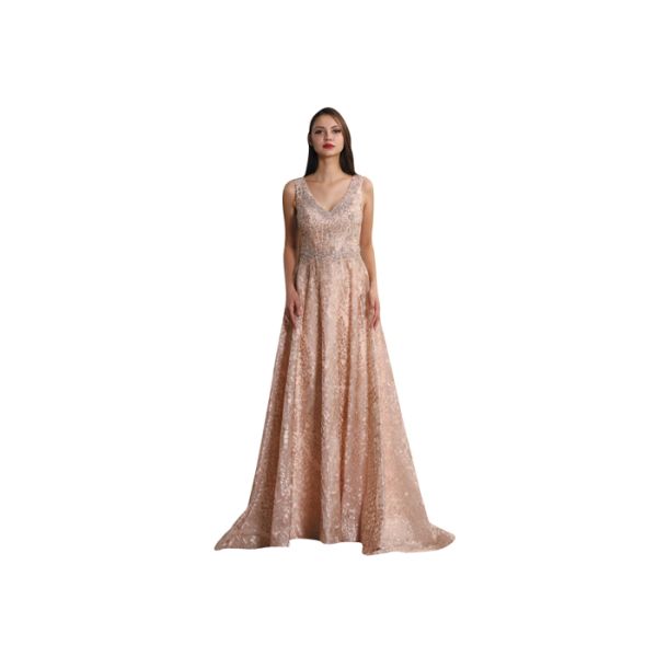 Sequined Ball Gown Ladies Sleeveless Evening Dress Backless V Neck Design