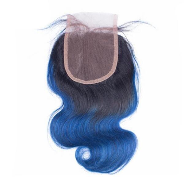 Pre-Colored Brazilian Body Wave Human Hair Bundles With Closure Ombre Color 1B/Blue Remy Hair 3 Bundles With Closure