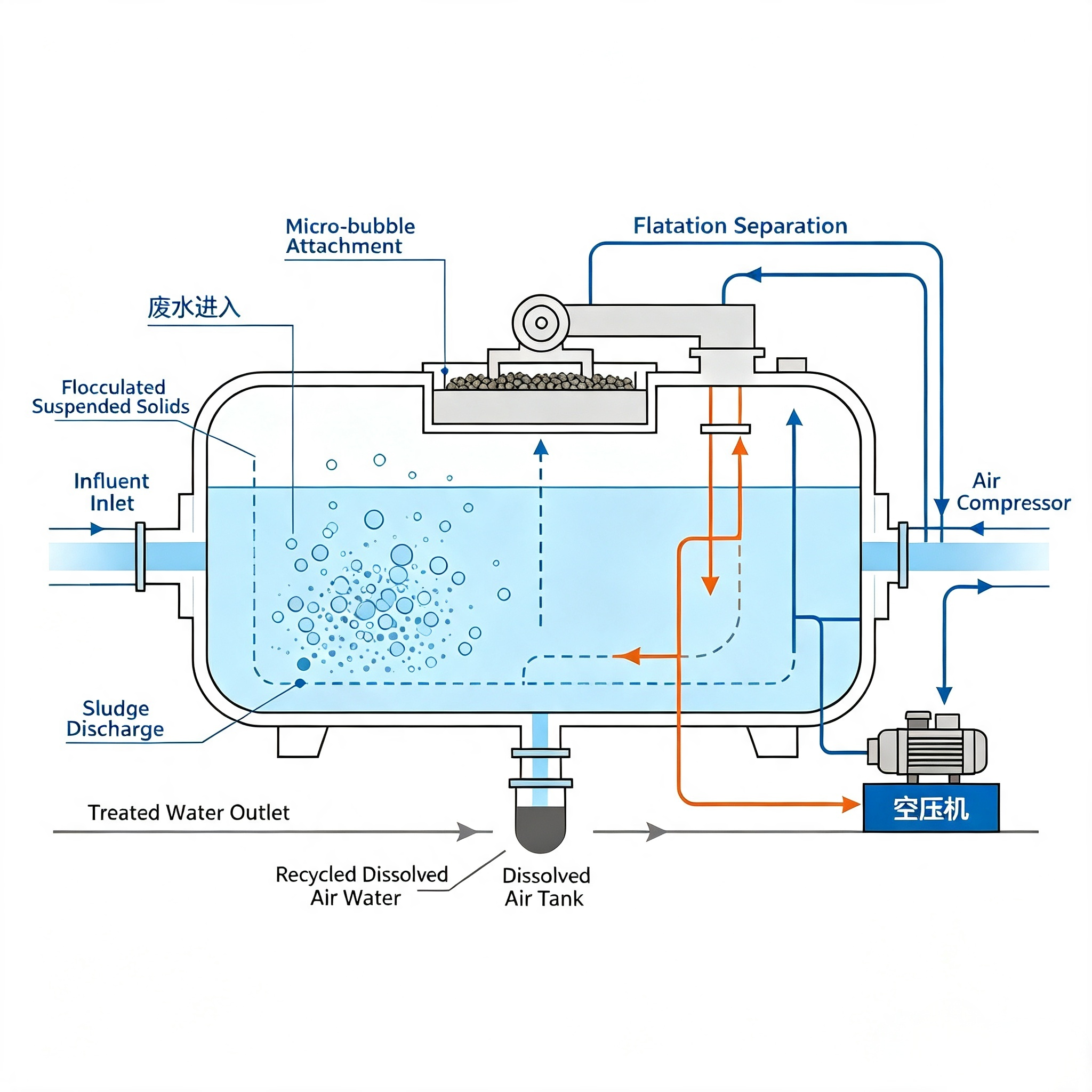 Industrial DAF Dissolved Air Flotation 316L PLC 2-150 m3/h for Latin South America Oil Grease Wastewater Treatment