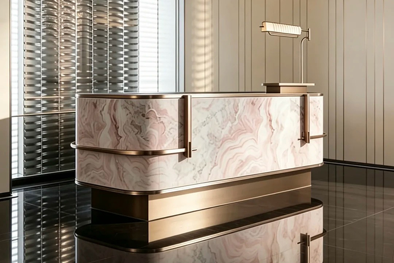 Luxury Pink Onyx Marble Reception Desk with Bronze Metal Trim and Curved Design for Salon Front Counter
