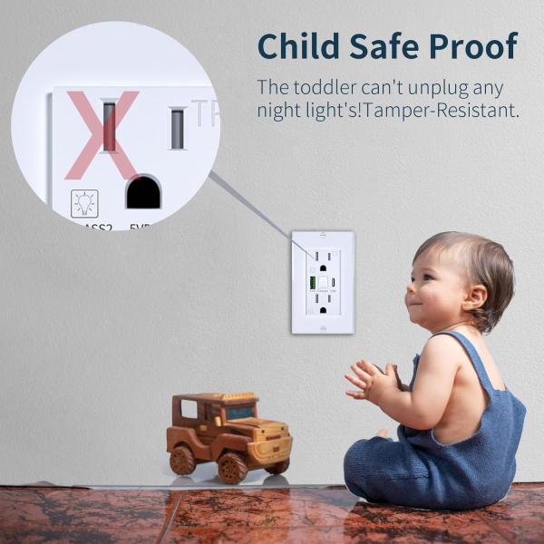 125V AC 15A luz nocturna de salida USB Hotel luz de pared con puerto USB C y toma de corriente