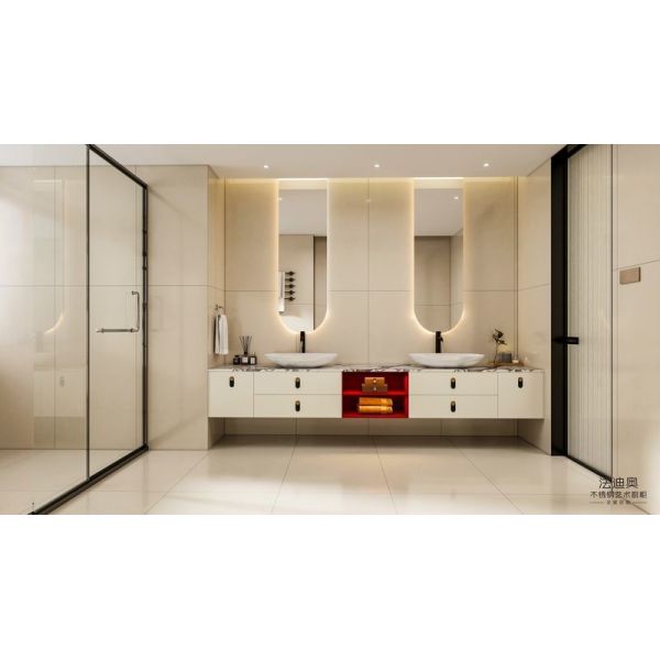 Baño flotante de acero inoxidable con diseño de estante abierto rojo