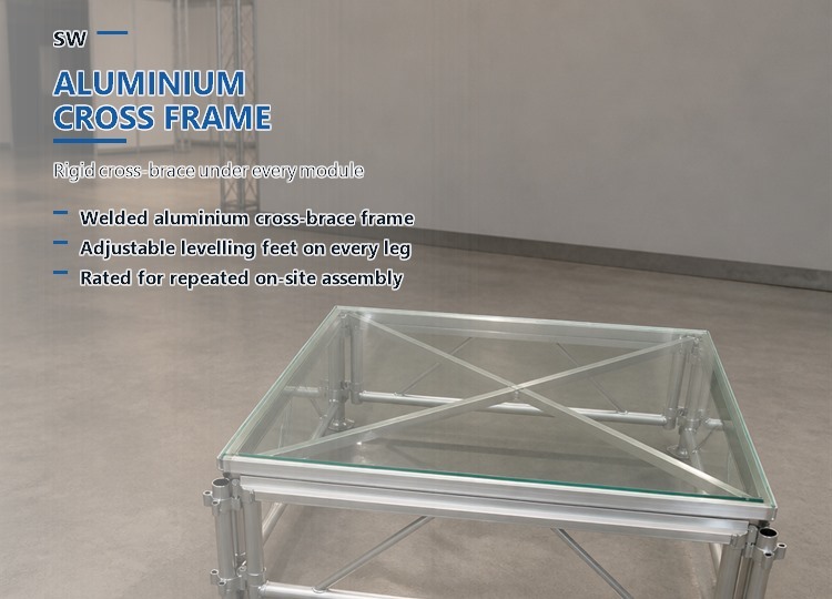 Clear Acrylic Modular Stage Platform with 1.22m Module and Aluminium Cross Frame for Events