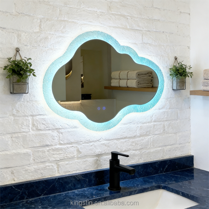 Textured Border Cloud LED Mirror with Ambient Backlight - Dimmable Decorative Mirror for Bathroom/Entryway/Bedroom Vanity