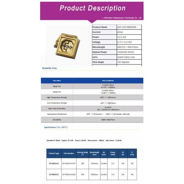 High quality sterilizationl use 265nm 280nm 275nm deep uv 3535 UVC LED Chip