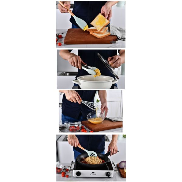 Outdoor Custom Logo Wooden Handle Espatulas Silicone Kitchen Utensil Spatula Set with Storage Bucket