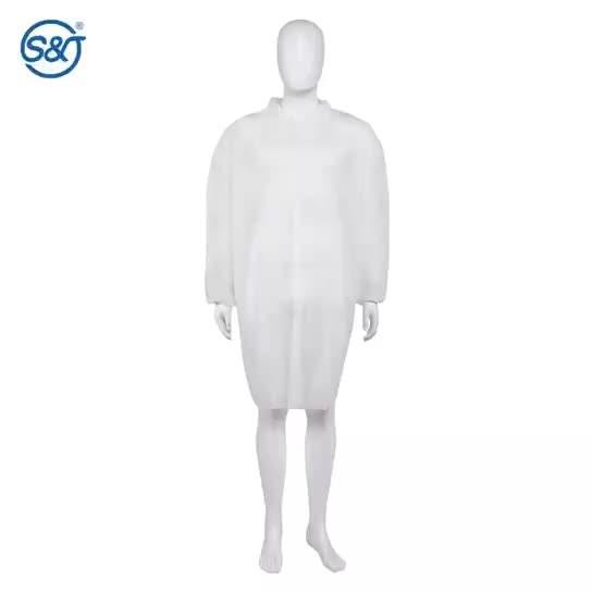 PP Disposable Lab Coat Nonwoven Single Layer Folded Collar Snap on Front Button Closure with Pockets Visitor Coat Full Length