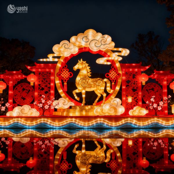 Custom Chinese Style Horse Lantern With Cloud & Gear Base, Giant Traditional Animal LED Light Sculpture for New Year Festival Light Show