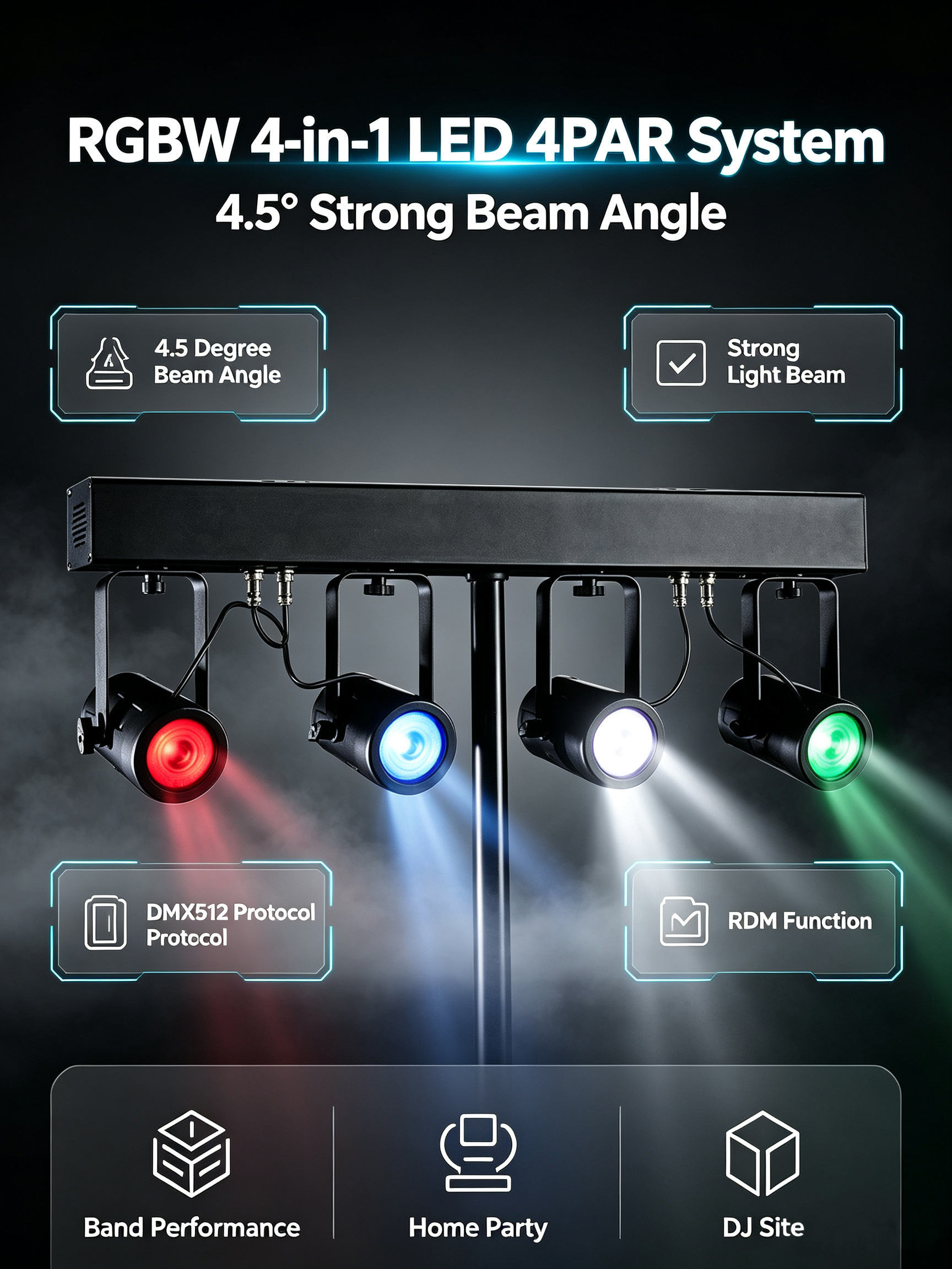 LED 80W Par Light 4.5 Degree Narrow Beam Angle RGBW 4-in-1 DMX512 Stage Effect Light for DJ Disco Event