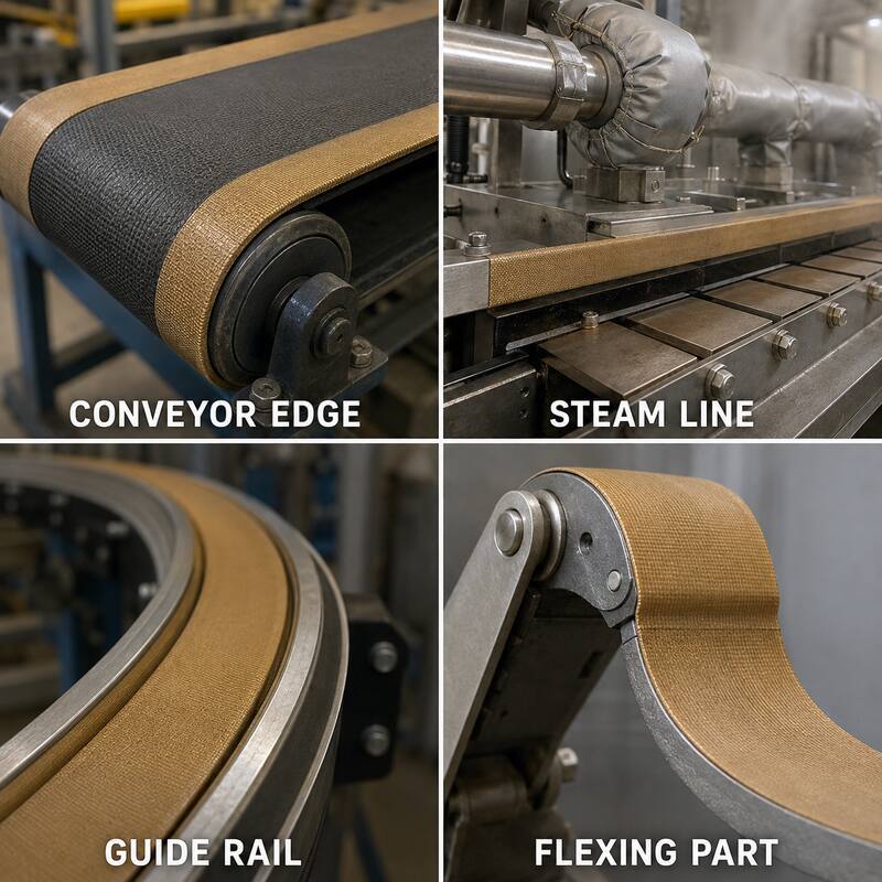 PTFE Coated Aramid Fabric Tape (PTFE Aramid Cloth Tape / Aramid Fabric Adhesive Tape) – Silicone Adhesive Non-Stick Lining for Flexing Parts, Rollers & Conveyor Edges