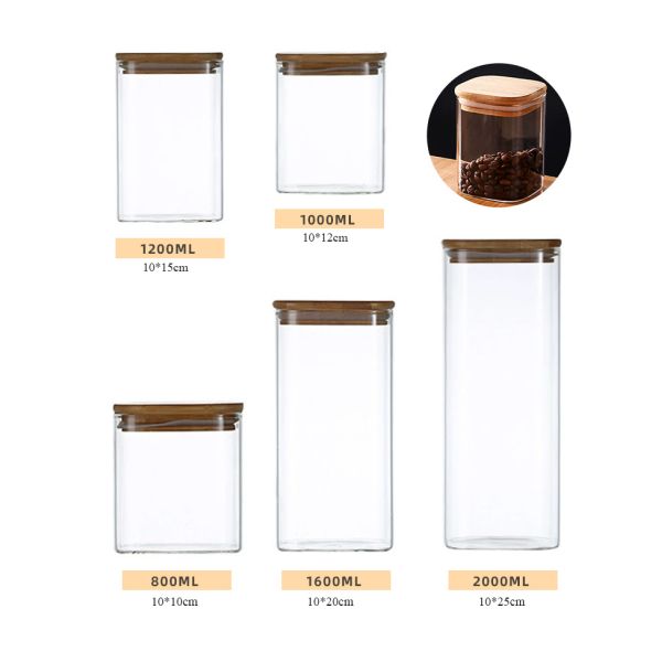 Modern Design Food Storage Container with Bamboo Wood Lid 300ml 500ml Spice Glass Jar