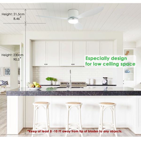 Ventilador de teto ajustável com controle remoto com luz LED de 3 cores e design de montagem de flush