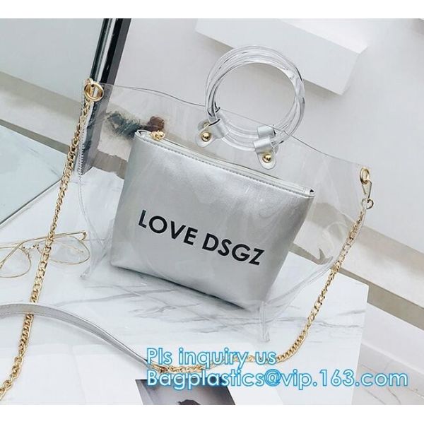 Promotional fashion soft pvc tote beach bag pvc handbag, handbag min min handbag for kids, Zipper Pocket Clear Beach Han
