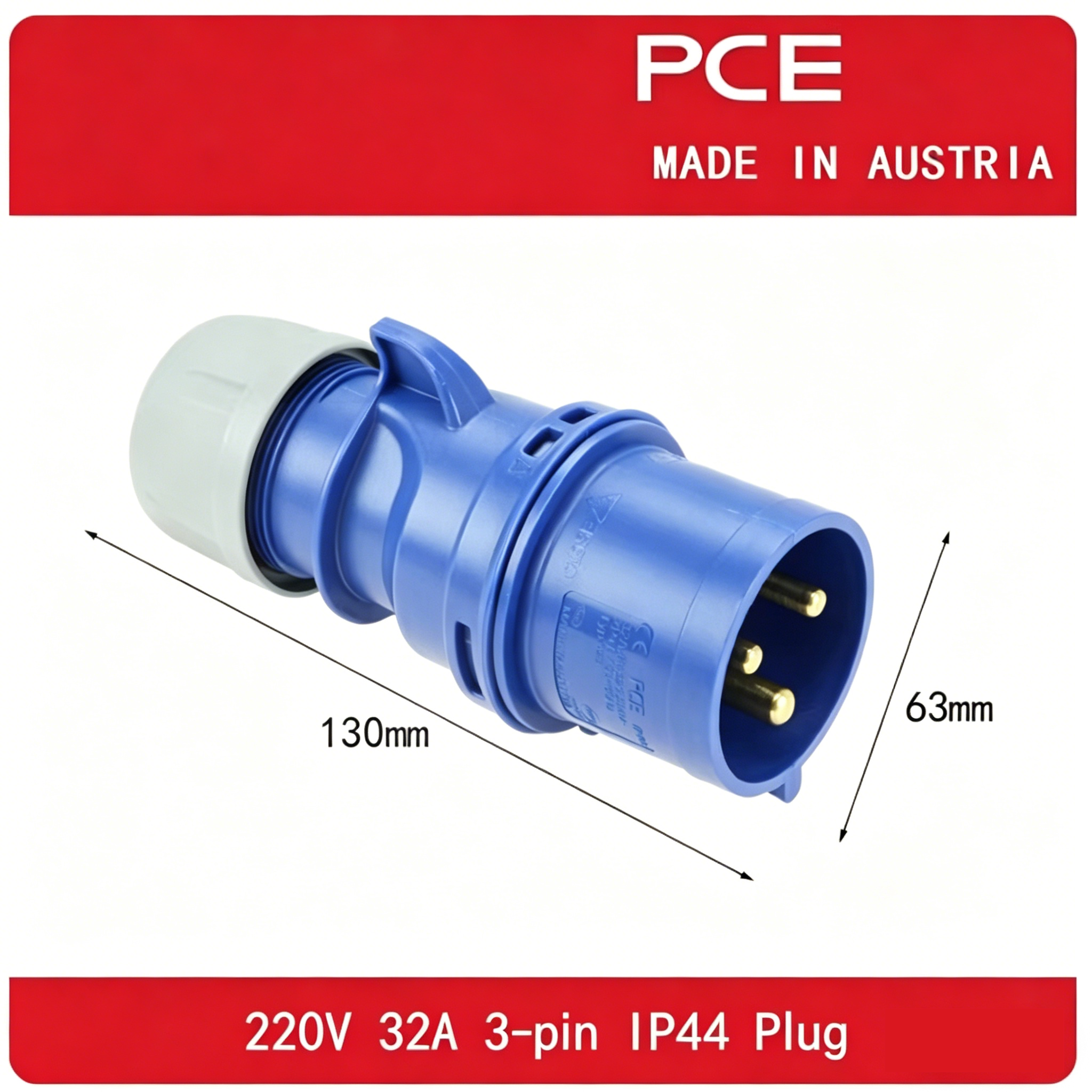 Original Brand New PCE Typ 023 Industrial Plug with Socket Connector | 32A 250V 3-Pin IP44 Plastic | Austrian Import