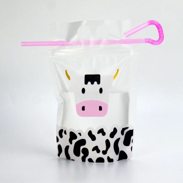Clear Drink Pouch Heavy Duty Hand-held Reclosable Zipper Heat-proof Plastic Stand Up Juice Pouch With Straws
