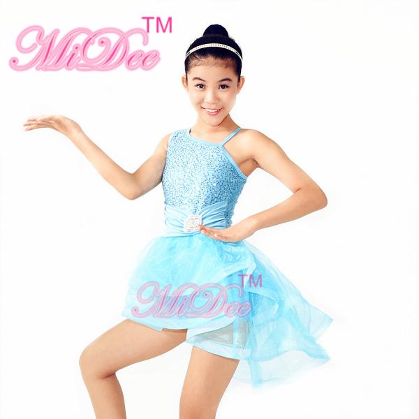 Girls Ballet Costume Front Shorter Back Longer Tulle Skirt Outfit With Rhinestones Trim