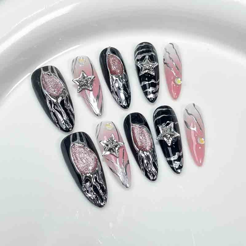 Almond Black Handmade Press On Nails Star Metal Line Glitter Rhinestone Nail Tips
