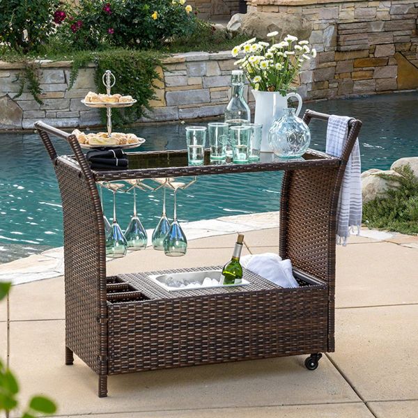 Wholesale Cheapest Steel Frame Rattan bar Cart Outdoor Indoor Use Bistro Cart Trolley Cart