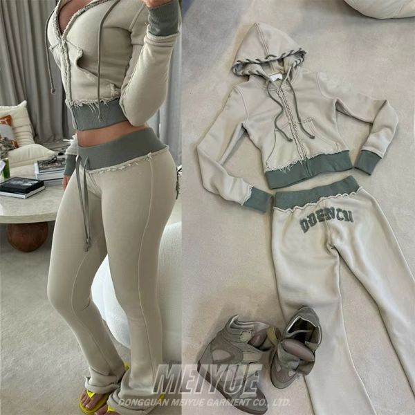 Custom Embroidery Distressed Crop Top Zip up Hoodie Sweatsuit Joggers Two Piece Set Women Clothing Sweatpants and Hoodie Set