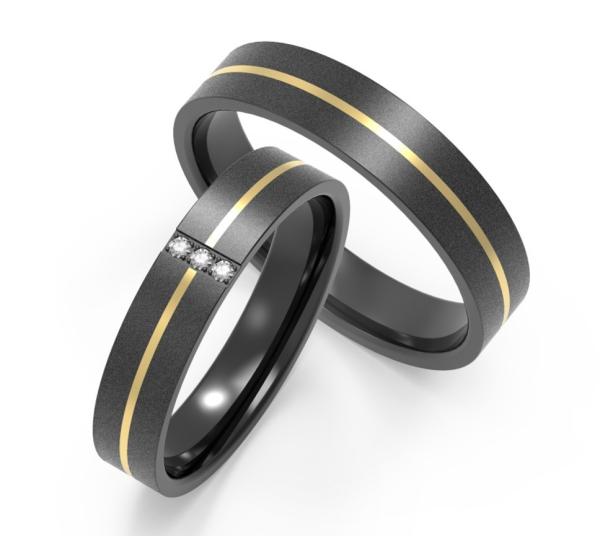 Black Titanium And Zirconium Couple Ring Sets With Cubic Zirconia Two Tones IP Gold