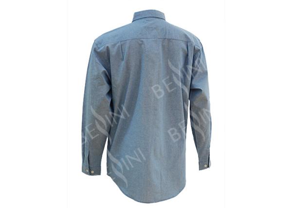 Men's 100%Cotton Chambray Blue Work Shirt Long Sleeve Chest Pockets Detailed Sleeve Band