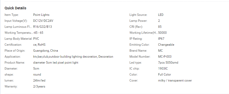 Outdoor Waterproof 5cm 1w IP65 Led Pixel Lamp