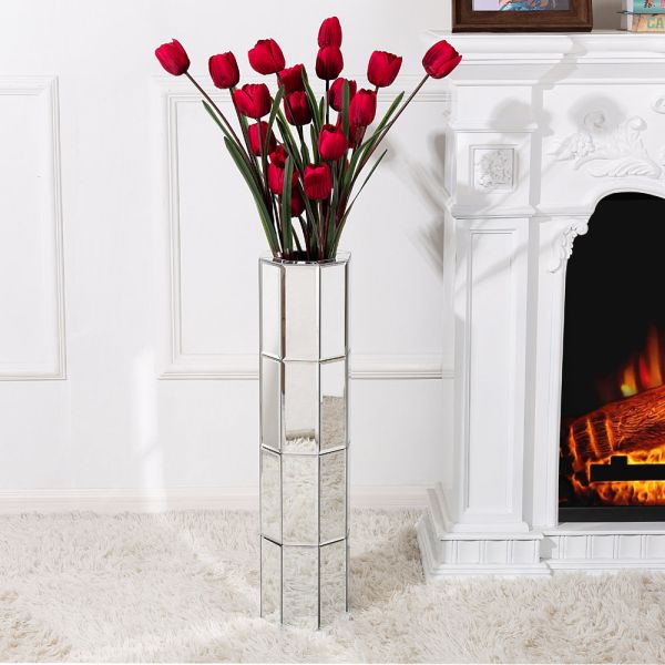 Tall Mirrored Furniture Cylinder Crystal Crushed Diamond Floor Vase