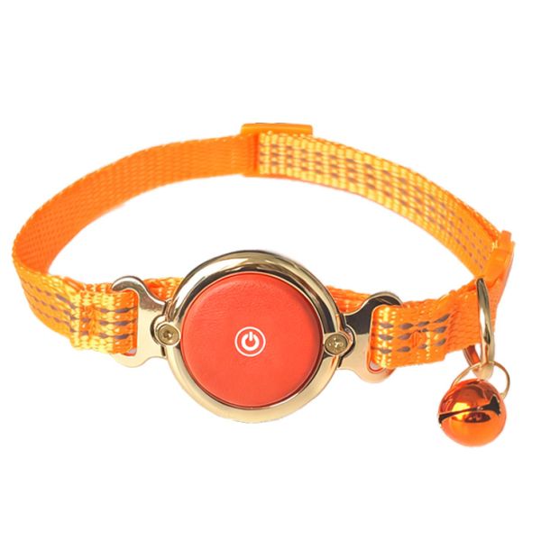 Durable Pet Collar for Cats Orange Smart Round Power Button Bell Metal Buckle Webbing
