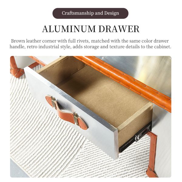 Nidea #320 Retro Leather-Trimmed Aluminum Suitcase Cabinet Customizable Multifunctional Coffee Table with 2 Drawers Industrial Decor