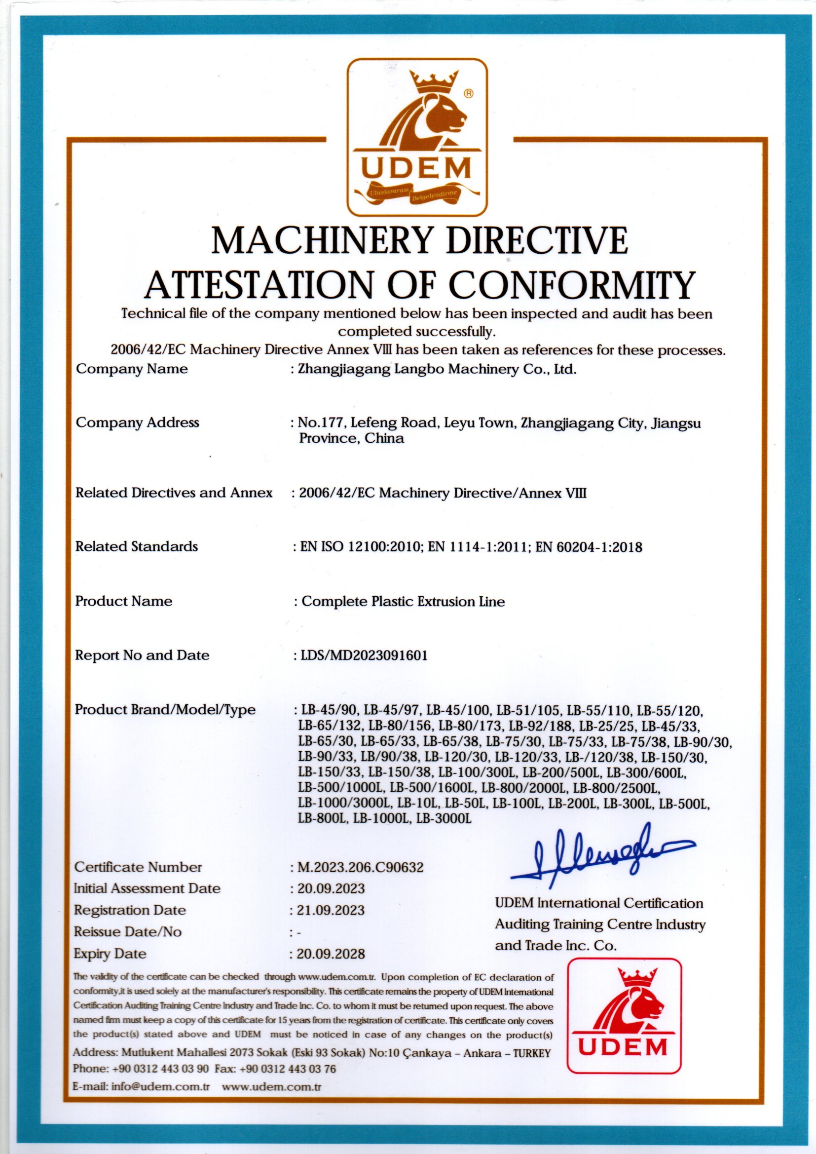 Zhangjiagang Langbo Machinery Co. Ltd. Certificaciones