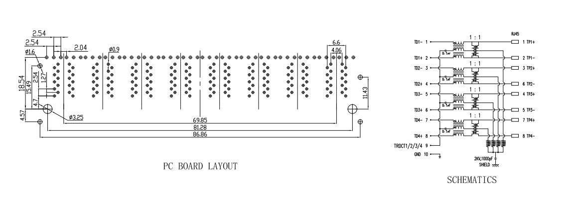 2 * 8 Port Magnetic RJ45 Jack Female Contact / Shield Material Copper Alloy