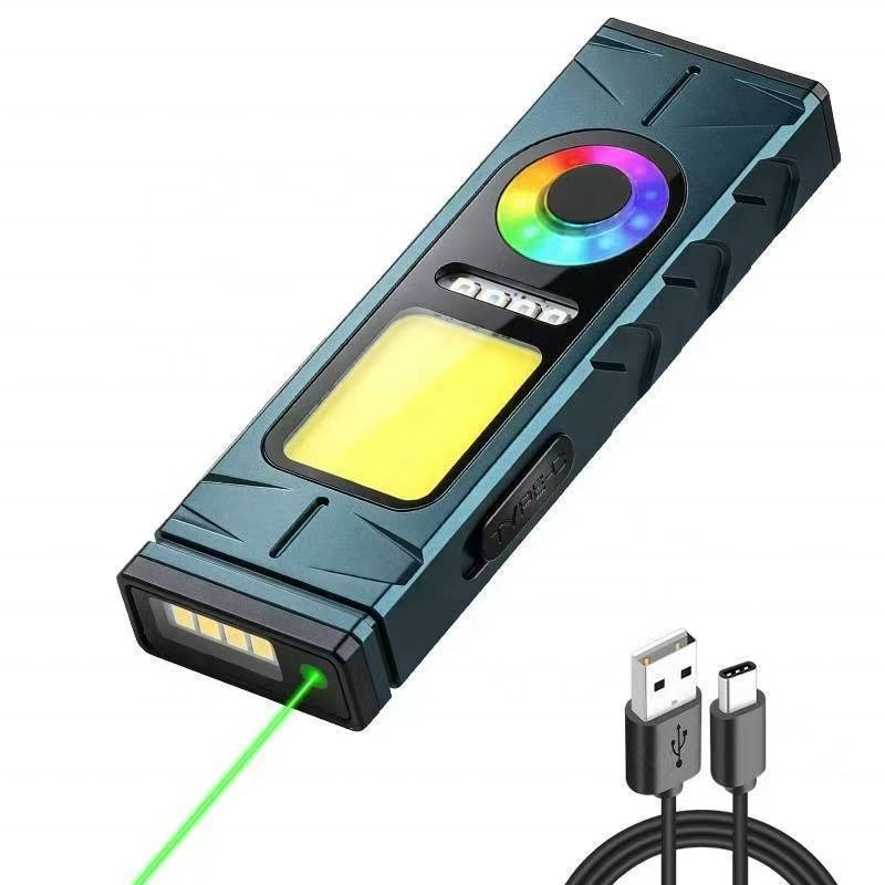 New EDC Flashlight Strong Light COB Charging Working Lamp Green Laser RGB Atmosphere Lamp Outdoor Magnetic Cap Clip Lamp