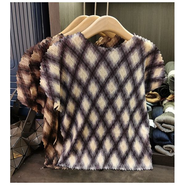 Women's Summer Casual Top Thin Diamond Mesh Printed Short-Sleeved T-Shirt Polyester Slimming Neck Versatile Plaid Pattern
