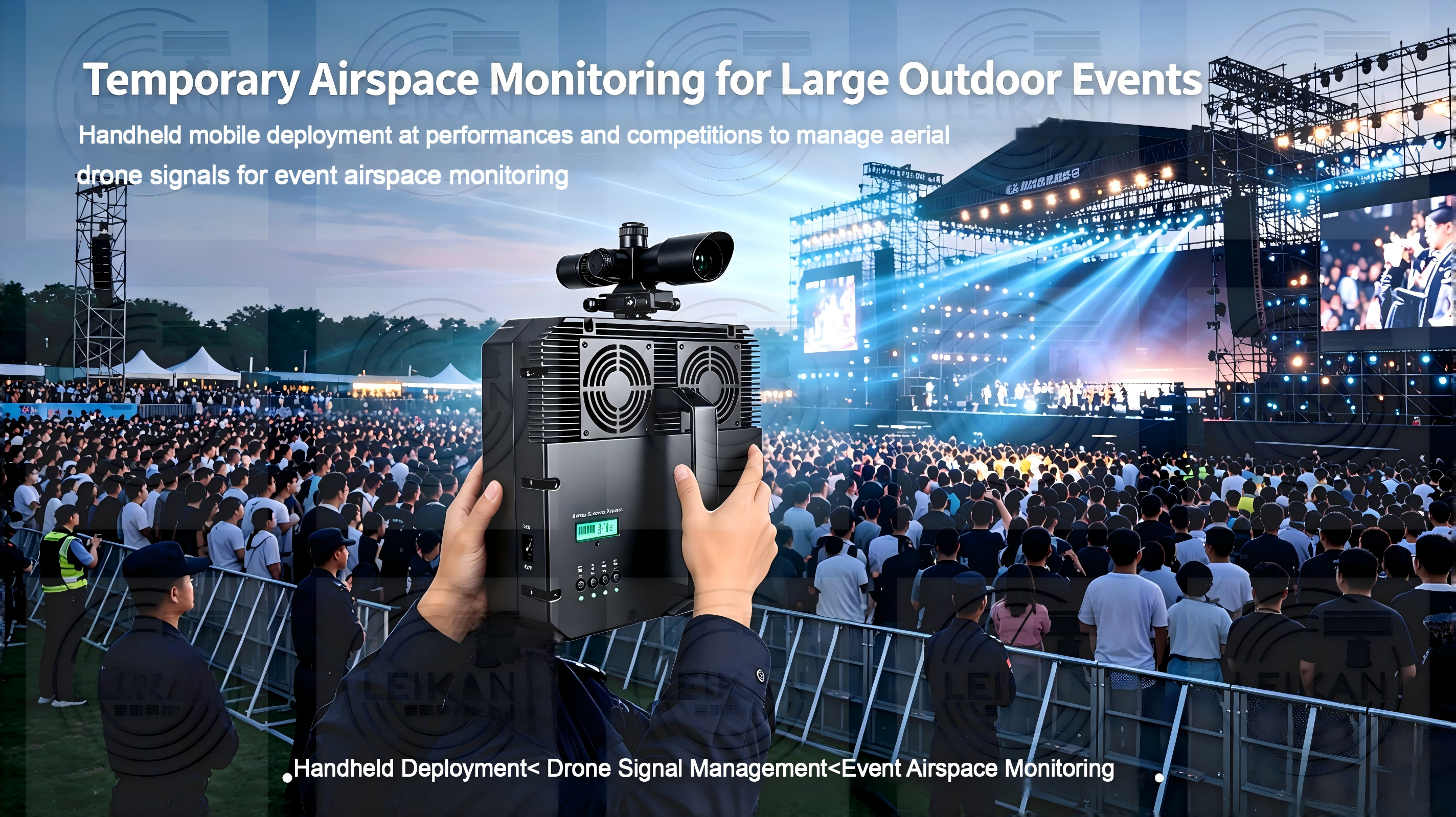 0.3-1.5km Handheld 5-Band Drone RF Device Portable Detector Aluminum Heat Sink Dual Fan Cooling 60-Minute Working Security