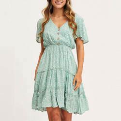 Elegant Casual Floral Printed Mini Dress With Front Short Sleeve