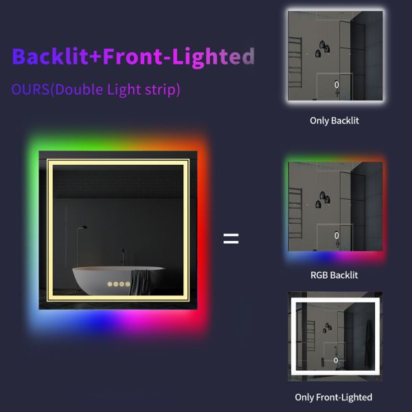Modern Luxury Rectangular Anti-Fog LED Backlit Frameless Bathroom Mirror IP44 Rated RGB Color Changing Touch Screen Feature