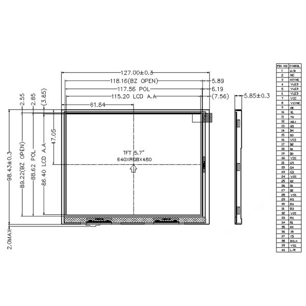 5.7 TFT LCD дисплей, разрешение 640x480, интерфейс RGB 18 бит