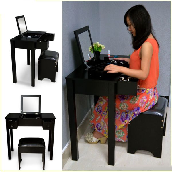 Black Solid Wood Material Large Capacity Wooden Mirror Table For Bedroom