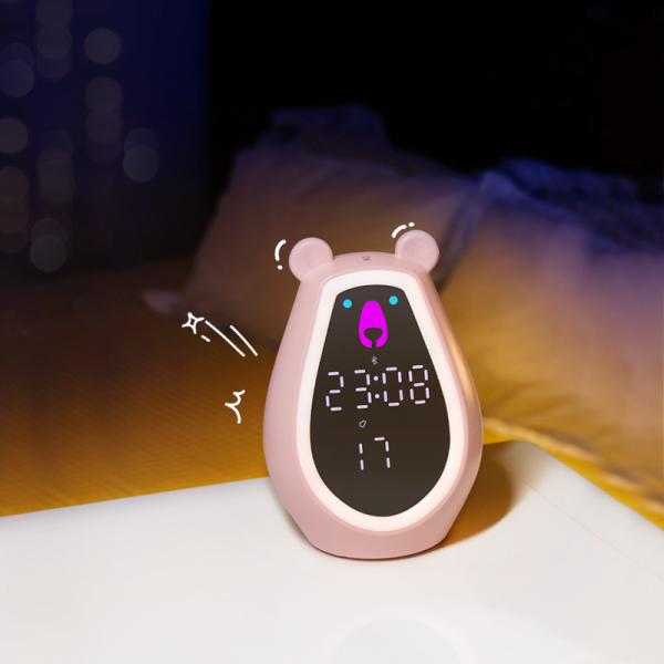 Bear Alarm Clock Kids Mini Night Light Adjustable Brightness Voice-Activated Wake Battery-Powered