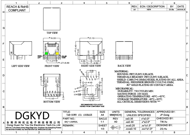 KRJ-138FKNL 10/100 модуль соединителя мегабита Cat5 Rj45 с подгонянным Magnetics