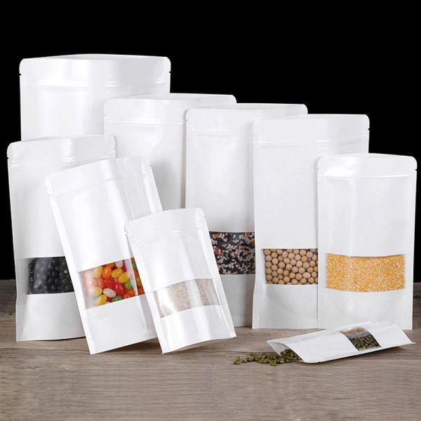 Factory Wholesale White Brown Zipper Tea Coffee Spice Candy Packaging Craft Zip Bag Paper Window Standing up Pouch
