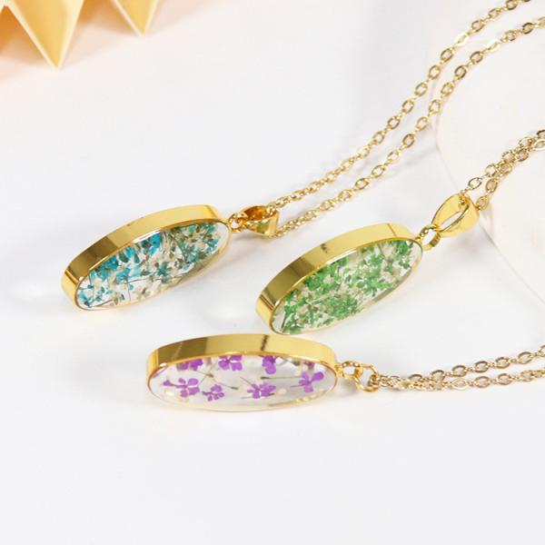 Lovers Couple 18k Gold Stainless Steel Chain Flower Epoxy Resin Pendant For Women