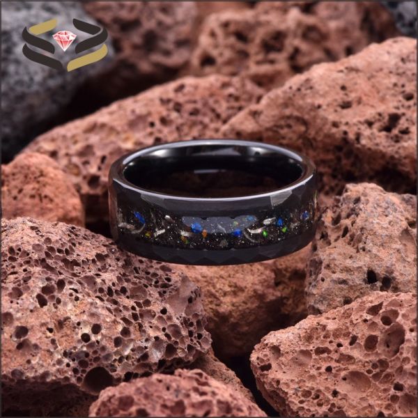 Anniversary Gift Black Hammered Tungsten Ring 8mm With Opal And Meteorite Inlay