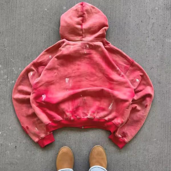 Custom Y2K Style Acid Wash Sun Faded Hoodie Zip up Streetwear Premium Hoodie Rhinestone logo Unisex Cropped Oversized Hoodie