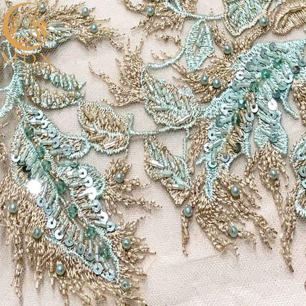 140Cm Width 3D Embroidery Lace Fabric With African Beaded  5 Yards